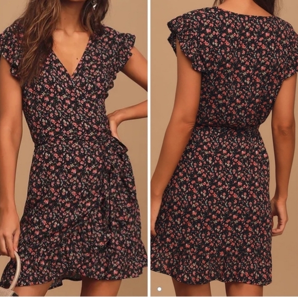 Lulus A Beauty Downtown Black Floral Print Wrap Mini Dress - Picture 1 of 6